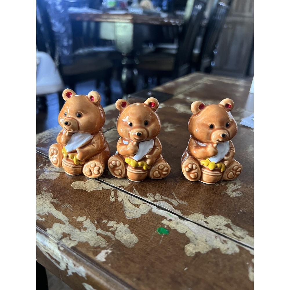 Vintage Ceramic Honey Bear Salt Pepper Shakers Set of 3 Kitchen Decor‎